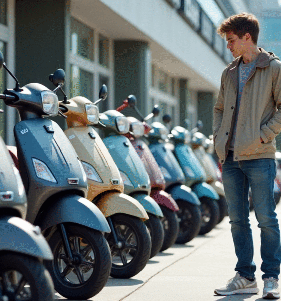 Jeune homme examine des scooters 50cc en concession