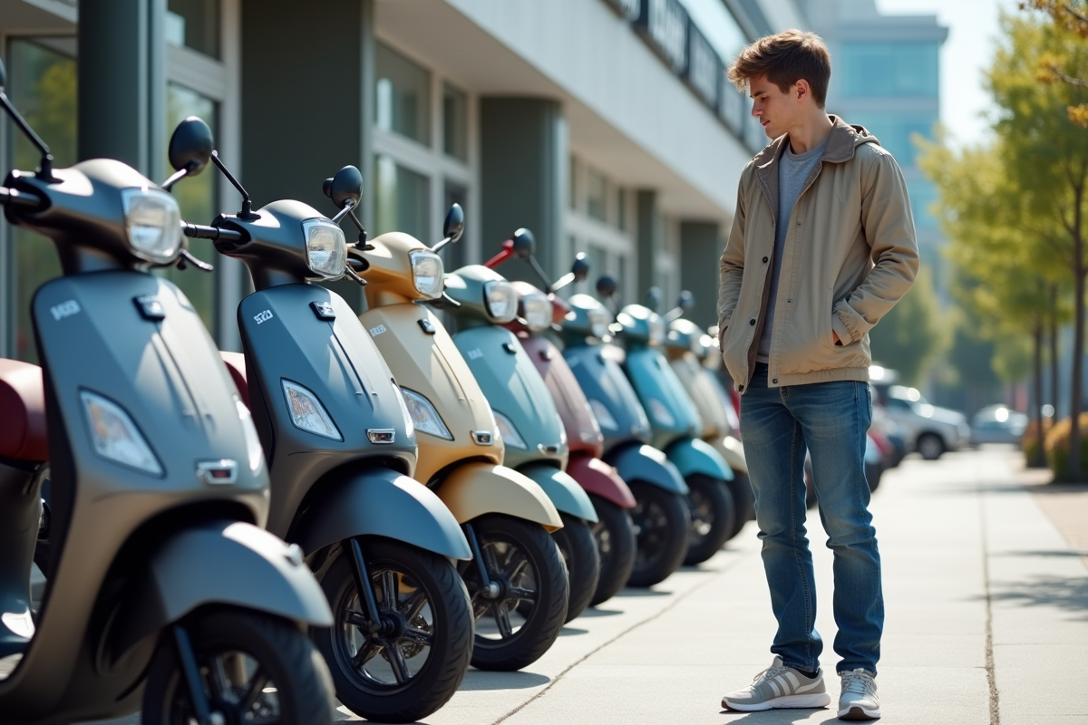 Jeune homme examine des scooters 50cc en concession