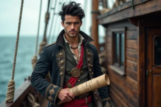 Jeune homme pirate sur un bateau en mer avec parchemin