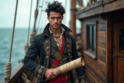 Jeune homme pirate sur un bateau en mer avec parchemin