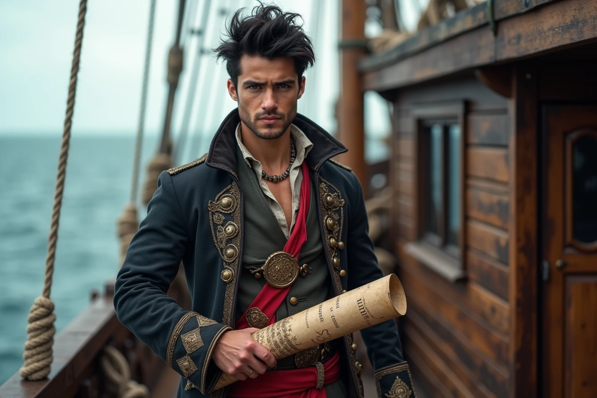 Jeune homme pirate sur un bateau en mer avec parchemin