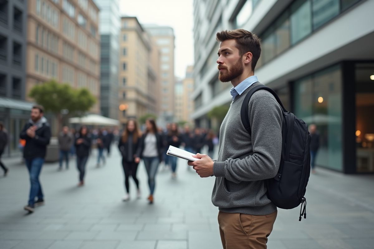 Jeune sociologue interviewant dans une place urbaine