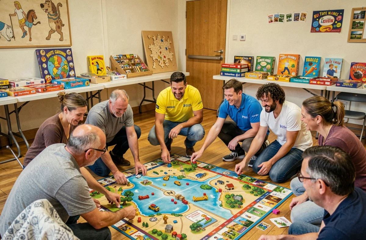 Animateur de Jeux et Compagnie 31 guidant un groupe d'adultes lors d'une activité de team building avec des jeux de société géants