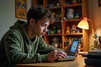 Joueur adulte concentré sur sa Game Boy Advance SP entouré de figurines Pokémon, illustrant une stratégie d'objets tenus dans Pokémon Émeraude