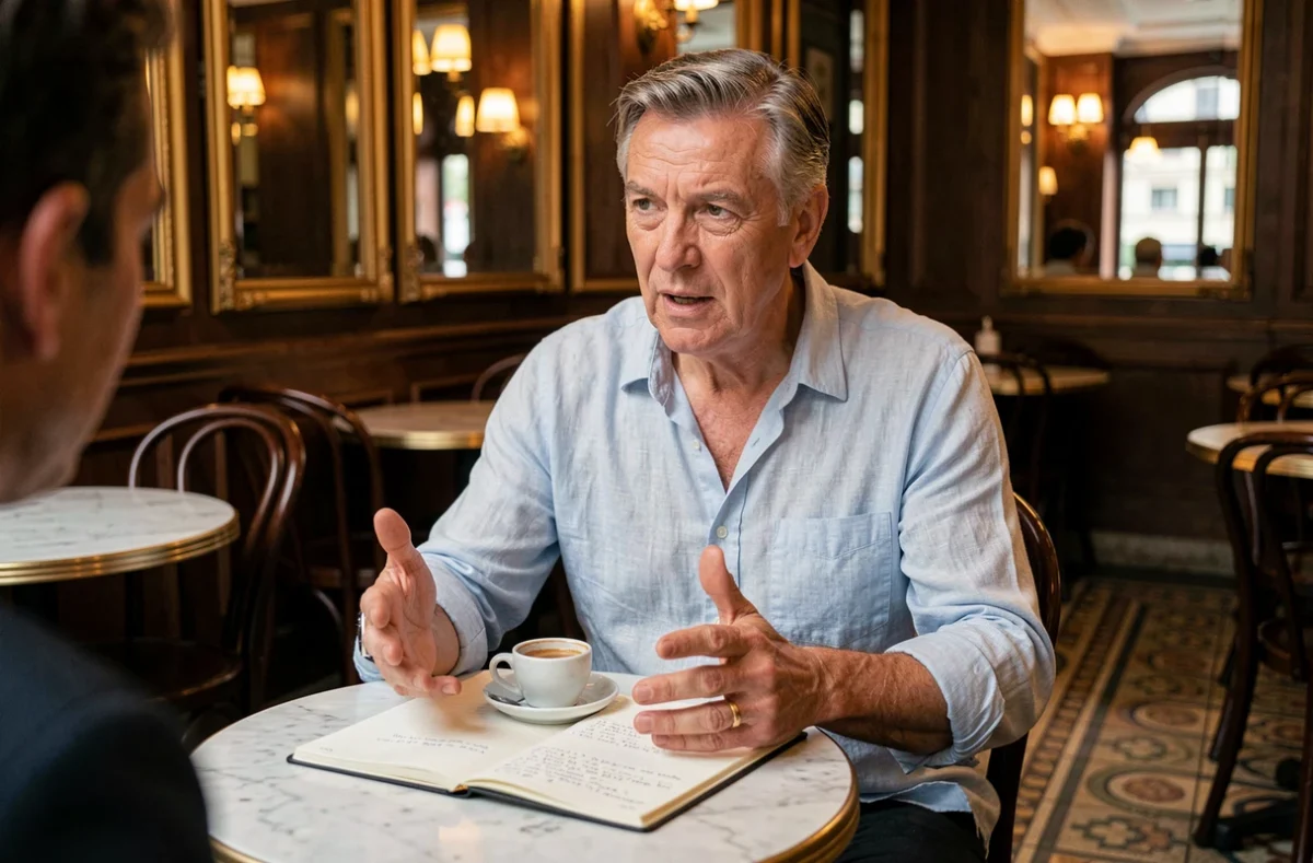 Journaliste français emblématique en discussion animée dans une brasserie parisienne traditionnelle