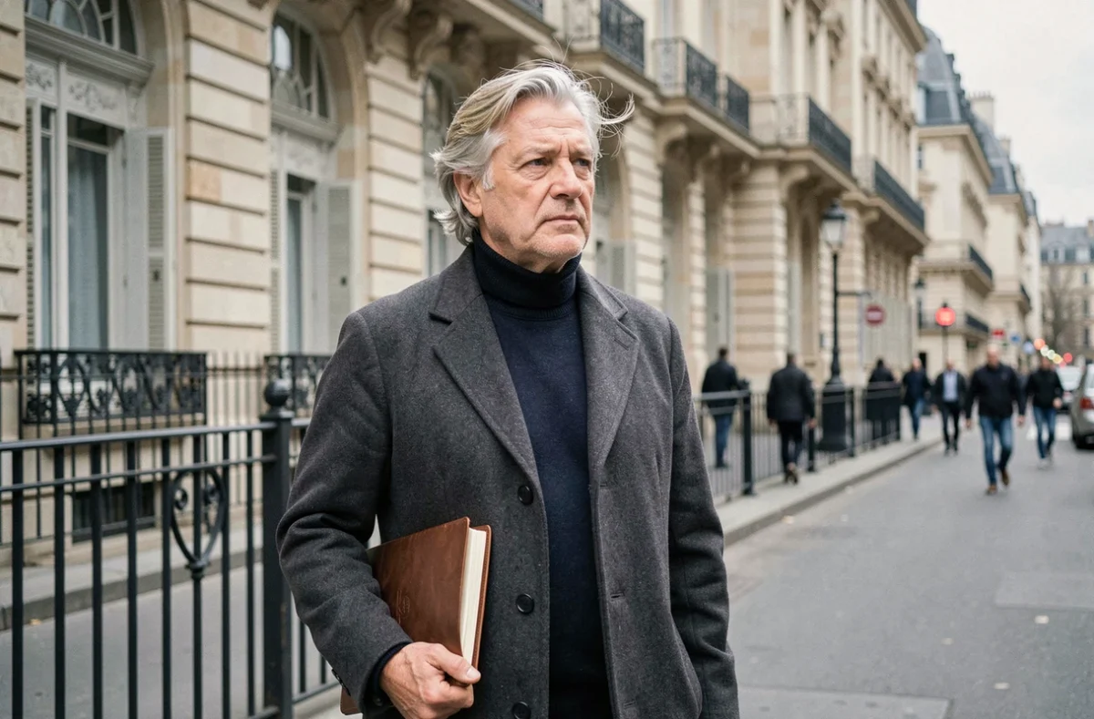 Journaliste français renommé en manteau de laine posant devant un immeuble haussmannien à Paris