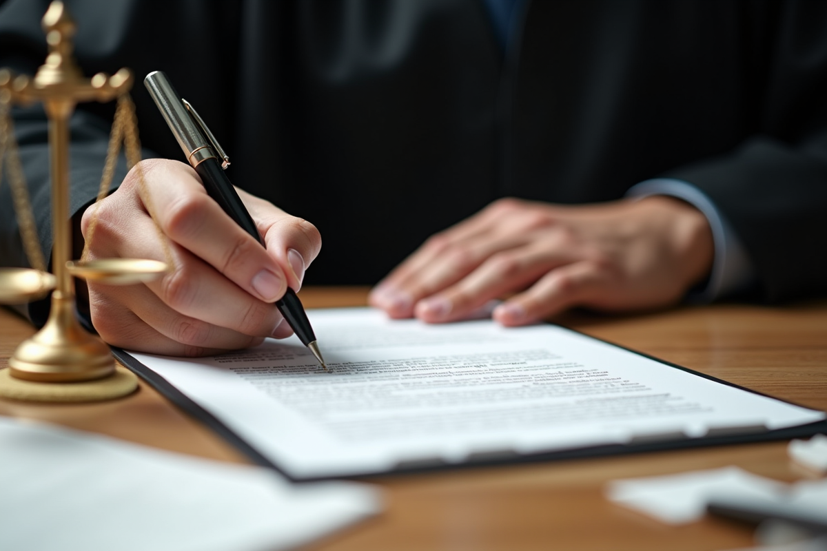 Main de juge signant un document juridique sur un bureau en bois