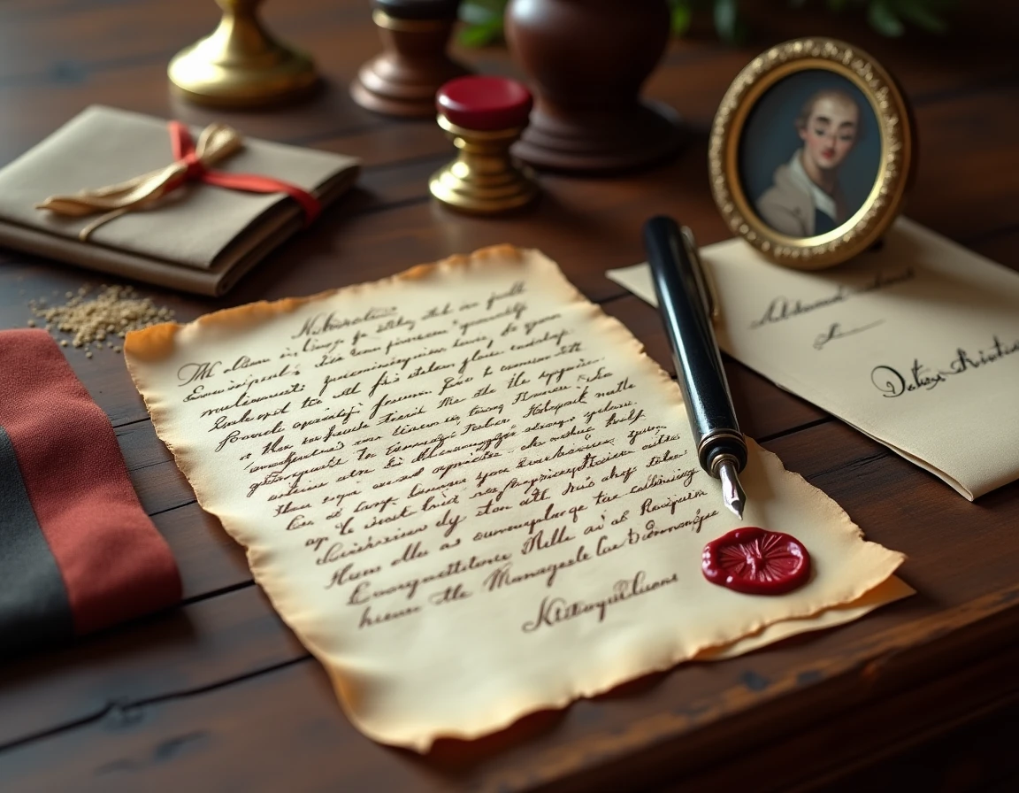 Détail d'un kit d'écriture napoléonien avec lettre manuscrite, sceau de cire impérial et plume d'oie sur table en noyer