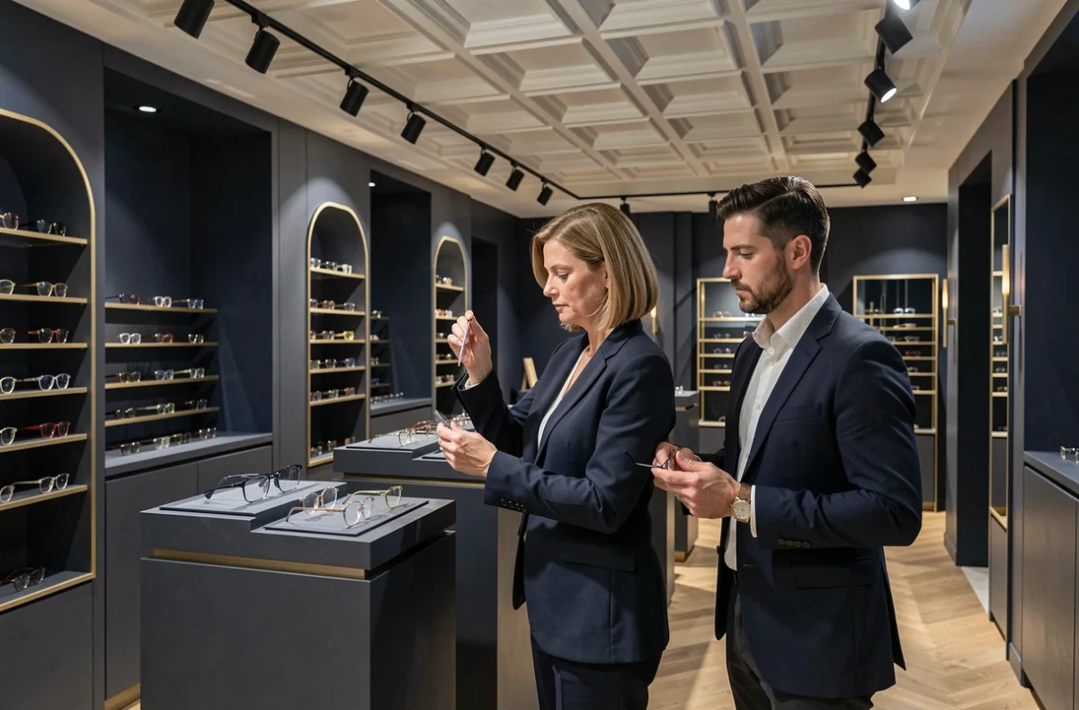 Intérieur élégant de KLS-Lunettes Bellecour avec une cliente examinant des montures premium