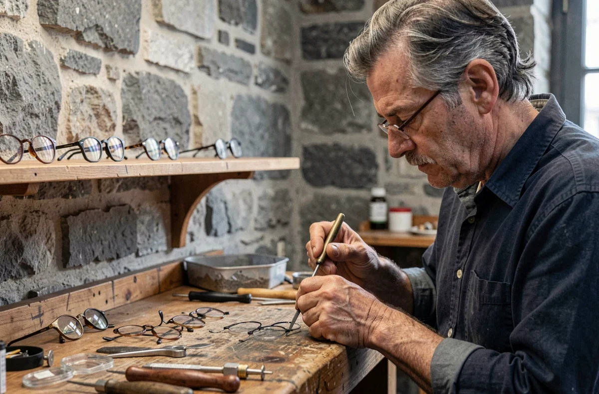 Artisan opticien fabricant de lunettes à la main dans l'atelier KLS-Lunettes à la Croix-Rousse