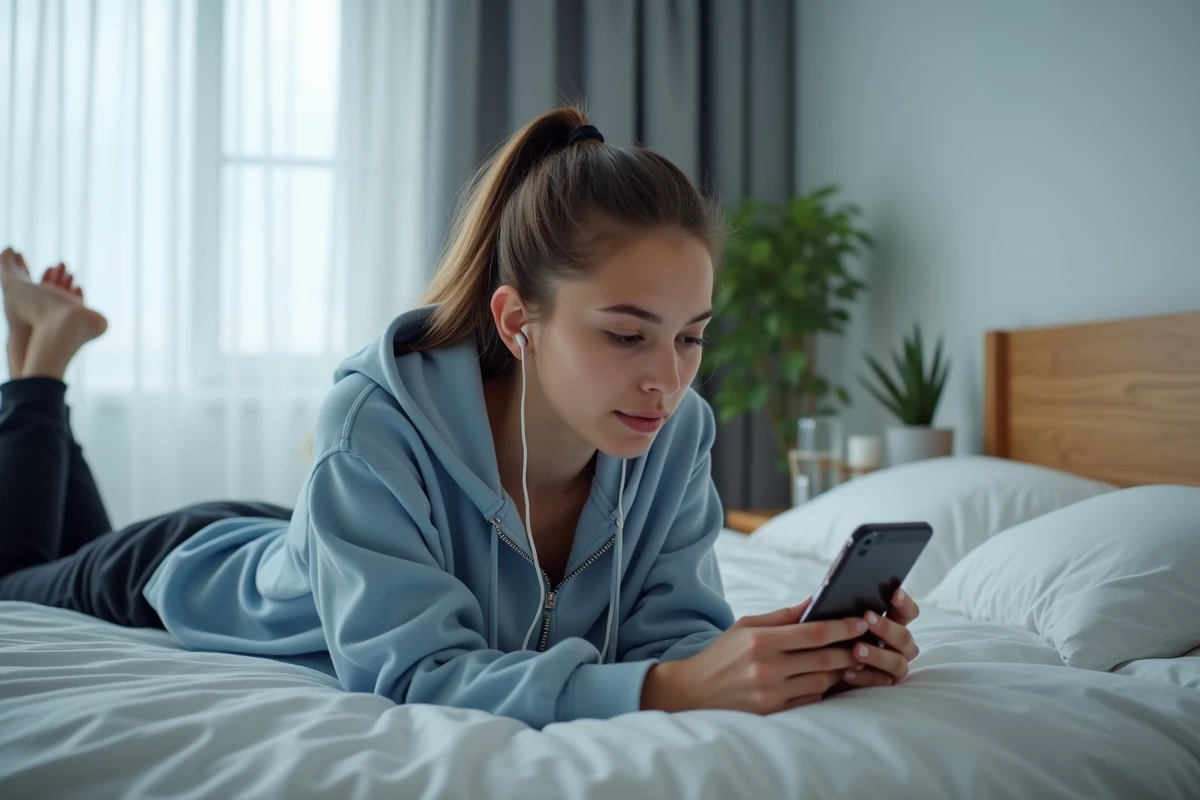 Jeune femme lisant des comics numériques sur mobile allongée sur son lit