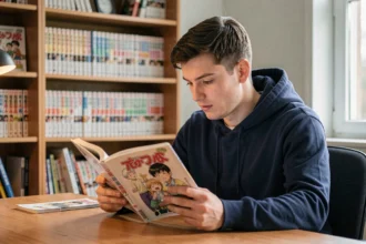 Jeune homme lisant un manga Blue Lock à son bureau dans un espace cosy rempli de volumes de manga