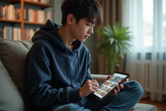 Jeune homme lisant un manga en ligne sur une tablette depuis son salon, avec une bibliothèque de mangas en arrière-plan