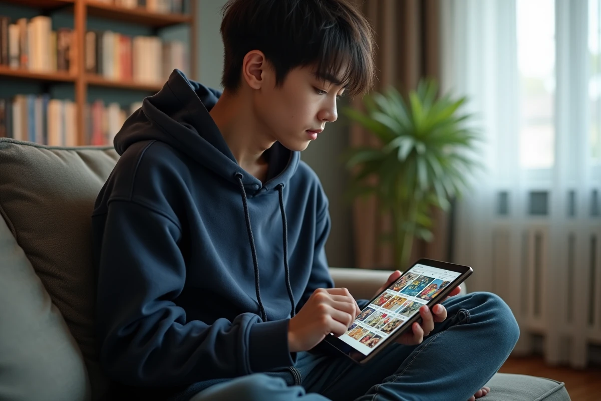 Jeune homme lisant un manga en ligne sur une tablette depuis son salon, avec une bibliothèque de mangas en arrière-plan