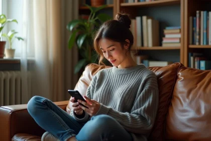 Jeune femme lisant des mangas sur smartphone confortablement installée dans son salon