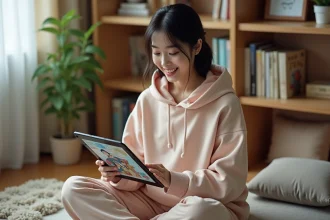Jeune femme lisant des mangas en français sur une tablette dans une chambre à décoration japonaise