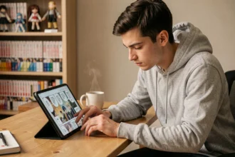 Jeune homme lisant un scan de manga One Piece sur une tablette dans un bureau cosy entouré de volumes manga