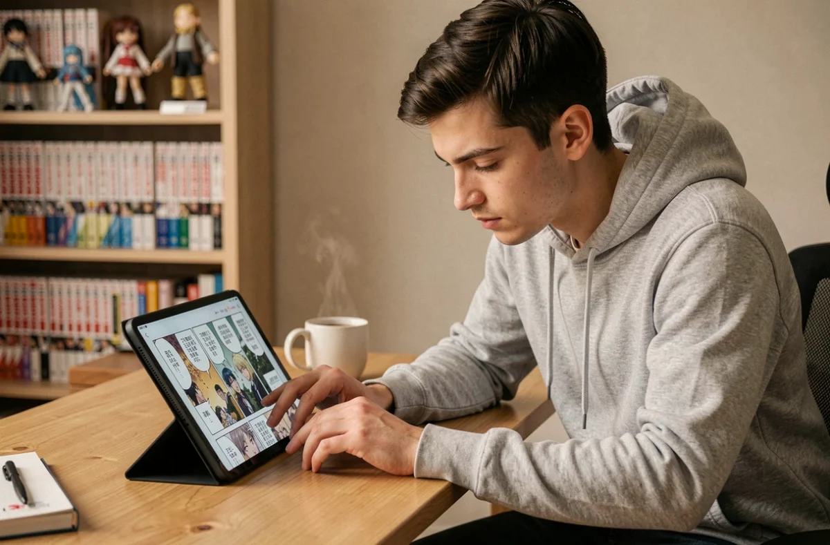 Jeune homme lisant un scan de manga One Piece sur une tablette dans un bureau cosy entouré de volumes manga