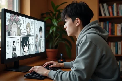 Jeune homme lisant une scanlation de manga One Punch Man en version française sur un écran d'ordinateur dans un bureau à domicile
