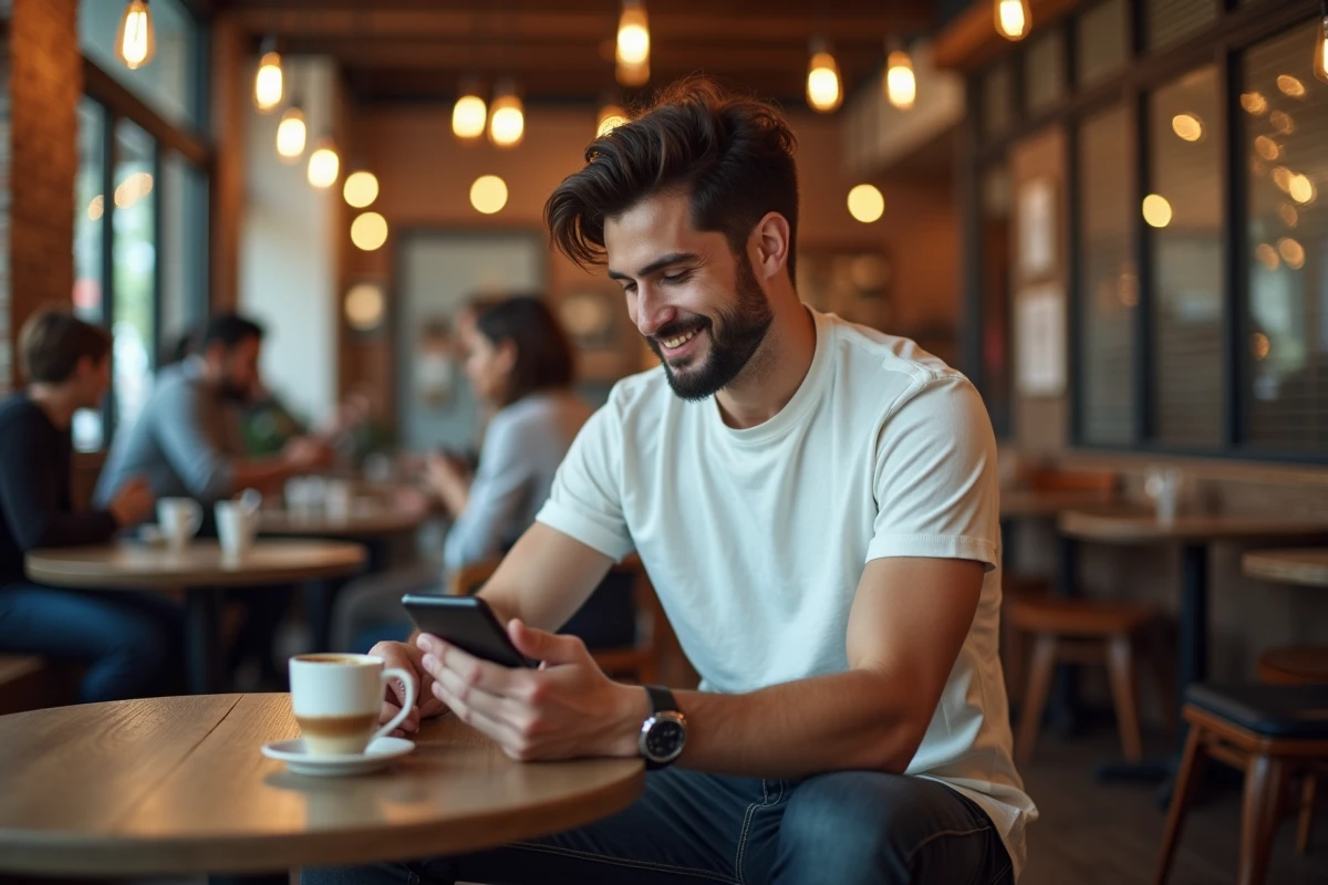 Homme lisant des webtoons sur son téléphone dans un café urbain