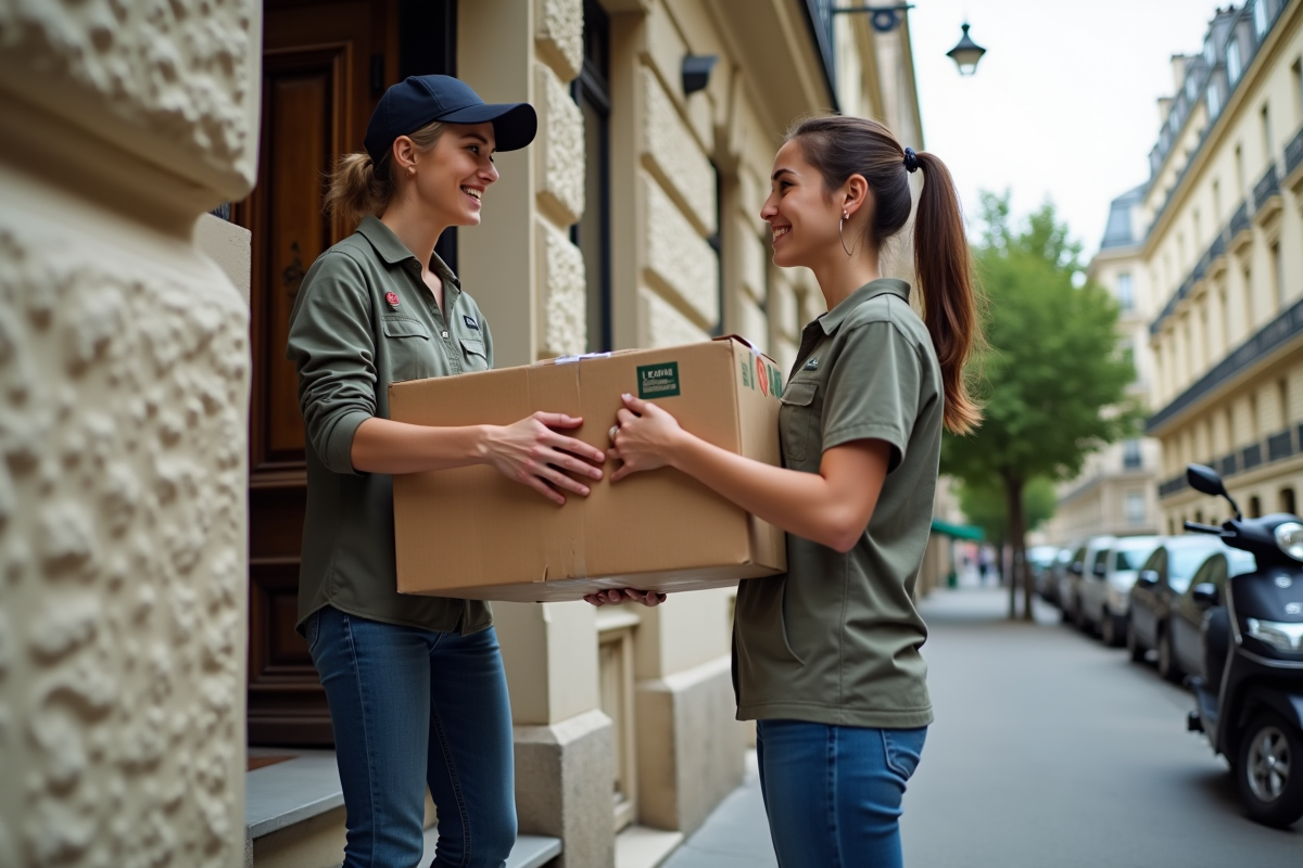 Jeune femme livreuse souriante devant un immeuble parisien