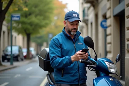 Livreur en veste bleue consulte son smartphone à côté de son scooter