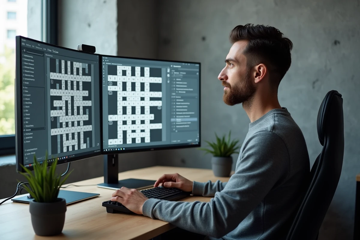 Designer de mots croisés masculin utilisant un logiciel professionnel de construction de grilles sur deux écrans dans un studio moderne et minimaliste