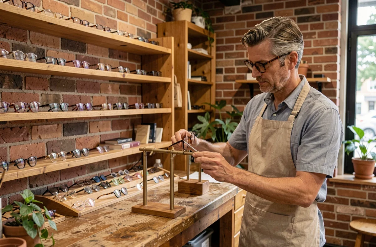 Intérieur chaleureux de la boutique Les Lunettes de Marius avec un opticien arrangeant des montures sur des étagères en bois