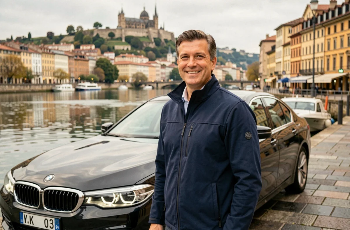 Chauffeur Lyon VTC souriant devant une berline BMW noire sur les quais de Saône avec le Vieux-Lyon et la basilique de Fourvière en arrière-plan