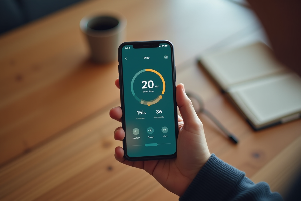 Main tenant un smartphone avec une application de santé affichant le nombre de pas