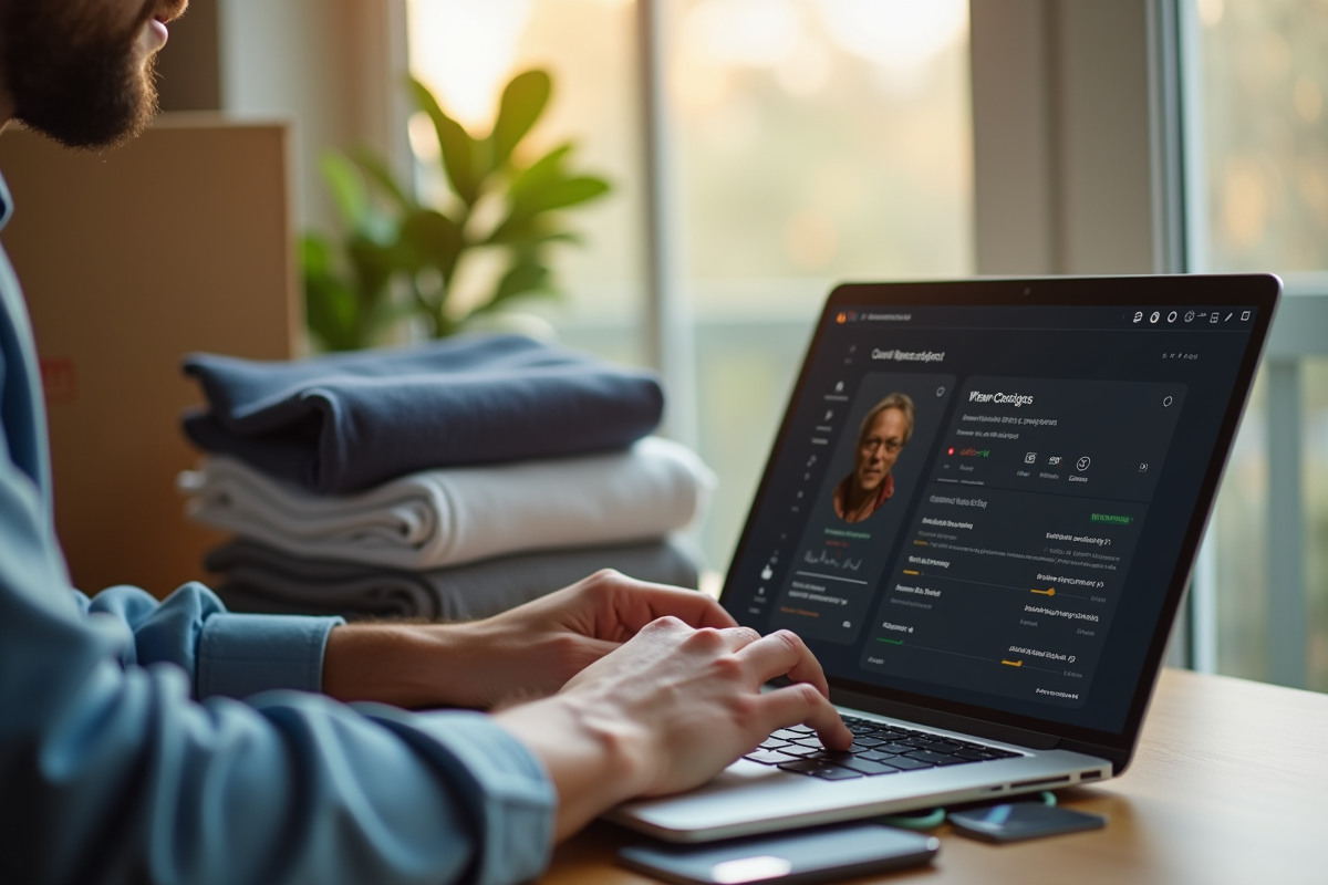 Mains tapant sur un ordinateur avec interface Vinted et vêtements