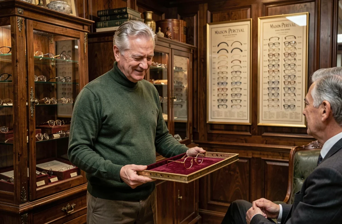 Opticien de Maison Perceval présentant des montures exclusives sur un plateau en velours dans un cadre patrimonial