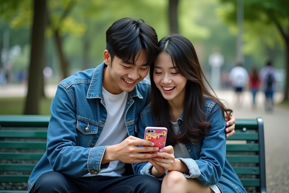 Deux amis lisant un manhwa en français sur smartphone dans un parc urbain en partageant leur écran