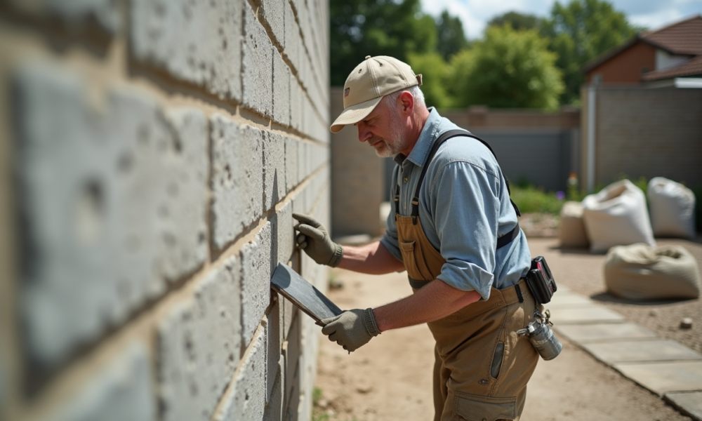 Maçon appliquant du lime sur un mur en parpaings extérieur