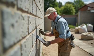 Maçon appliquant du lime sur un mur en parpaings extérieur
