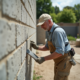 Maçon appliquant du lime sur un mur en parpaings extérieur