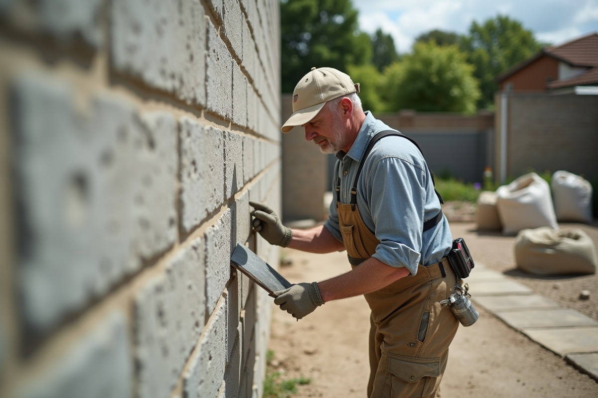 Maçon appliquant du lime sur un mur en parpaings extérieur