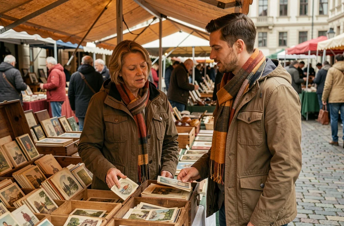 Deux collectionneurs parcourant des cartes postales anciennes dans un marché aux puces pour acheter sur Delcampe