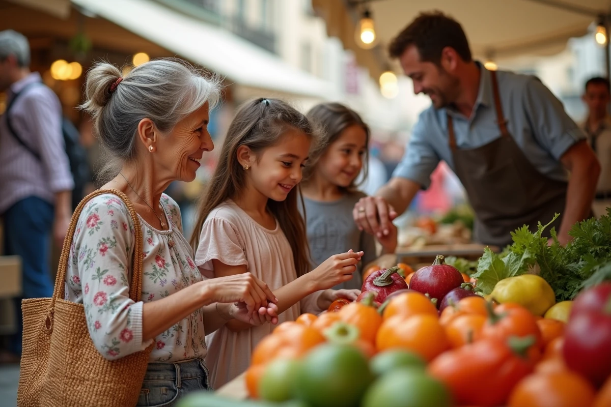 Grand-mère et petits-enfants au marché de la Croix-Rousse à Lyon le dimanche, sortie en famille peu coûteuse et animée