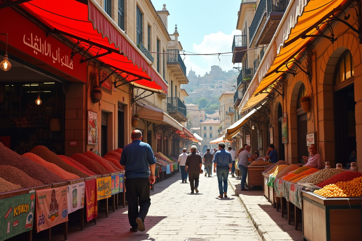 Marché coloré au Liban avec vendeurs et produits locaux
