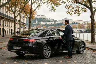 Chauffeur VTC professionnel en costume noir ouvrant la portière d'une berline de luxe sur un boulevard lyonnais avec la colline de Fourvière en arrière-plan