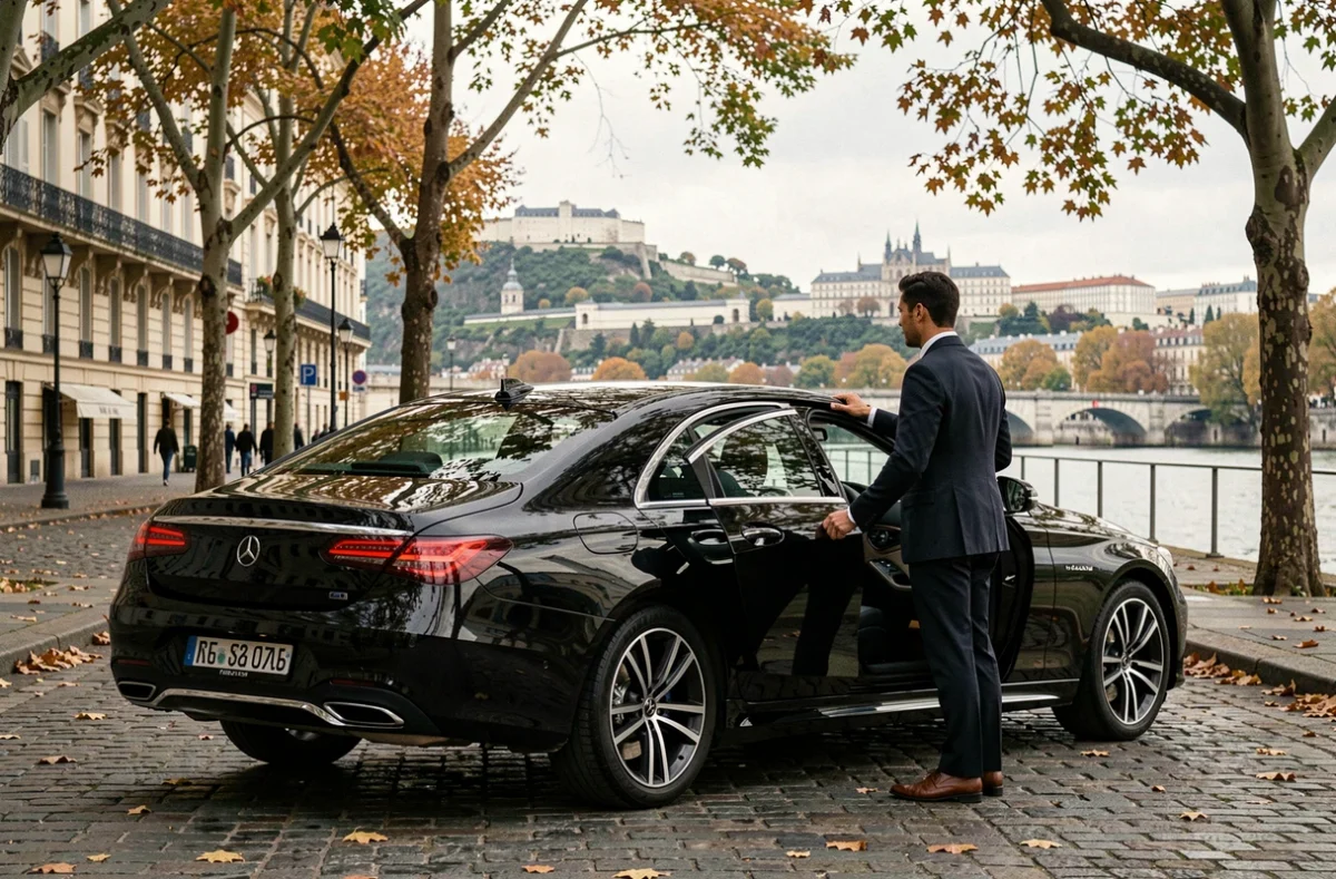 Chauffeur VTC professionnel en costume noir ouvrant la portière d'une berline de luxe sur un boulevard lyonnais avec la colline de Fourvière en arrière-plan