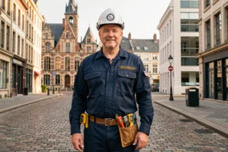 Électricien professionnel devant le paysage urbain de Rennes, représentant les meilleurs électriciens de la ville