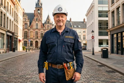 Électricien professionnel devant le paysage urbain de Rennes, représentant les meilleurs électriciens de la ville