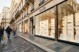 Vue d'ensemble d'une rue d'opticiens à Lyon avec vitrines de lunettes et façades haussmanniennes