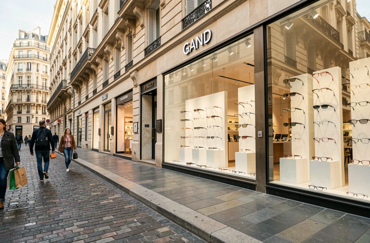 Vue d'ensemble d'une rue d'opticiens à Lyon avec vitrines de lunettes et façades haussmanniennes