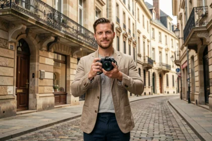 Photographe professionnel tenant un appareil photo dans une rue historique de Nancy en Meurthe-et-Moselle