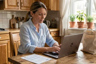 Mère de famille nombreuse qui fait ses courses en ligne sur Carrefour depuis sa cuisine