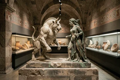 Diorama de musée représentant le Minotaure face à Méduse, sculptures en marbre et bronze dans une galerie grecque antique