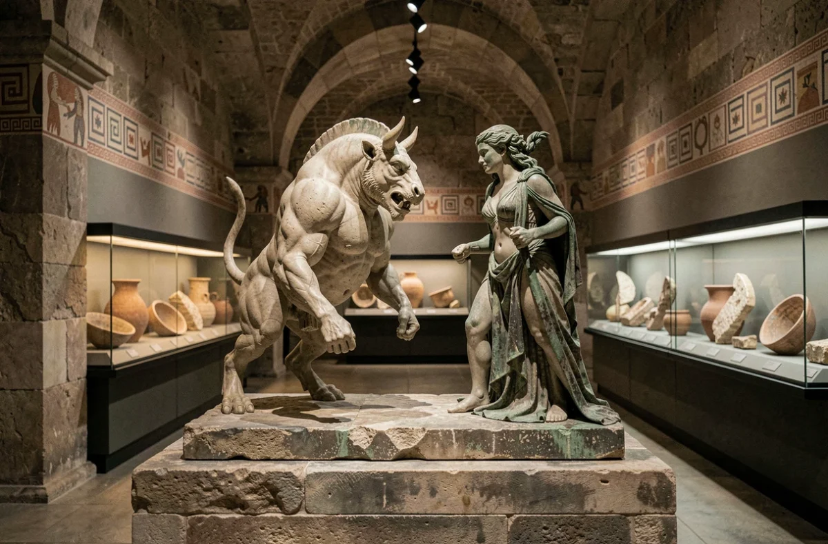 Diorama de musée représentant le Minotaure face à Méduse, sculptures en marbre et bronze dans une galerie grecque antique
